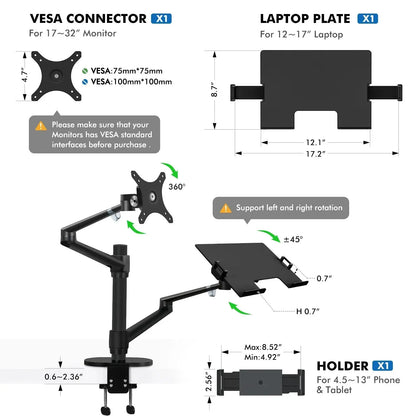 Adjustable Monitor & Laptop Mounts 2-in-1, black, versatile, space-saving solution, ergonomic workstation setup, xStore in Qatar.