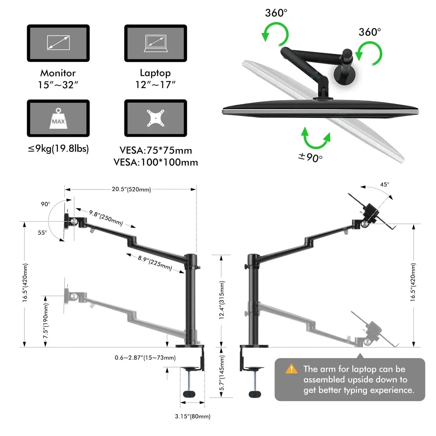 Adjustable Monitor & Laptop Mounts 2-in-1, black, versatile, space-saving solution, ergonomic workstation setup, xStore in Qatar.