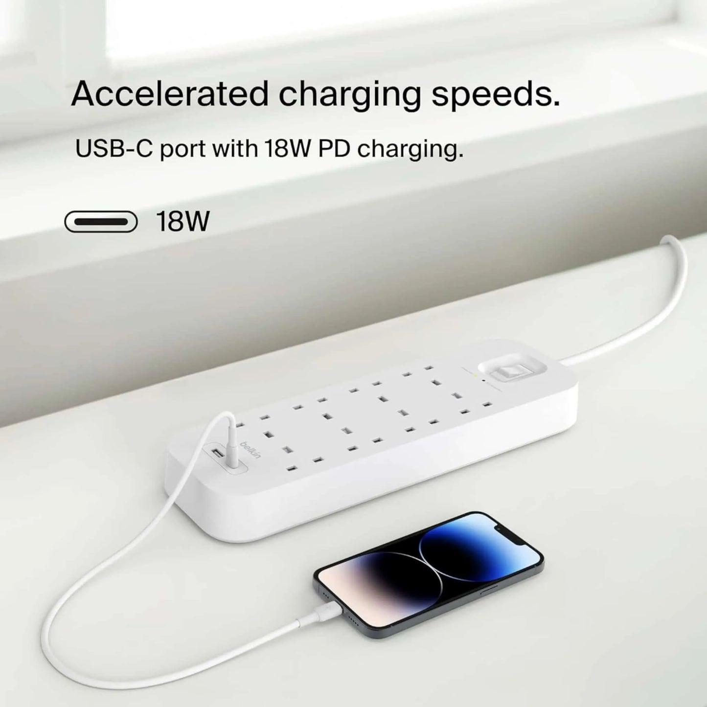 Belkin 8-Outlet Surge Protector, 18W USB-A & USB-C Ports, 2m cord, reliable power strip, safe charging, from xStore in Qatar