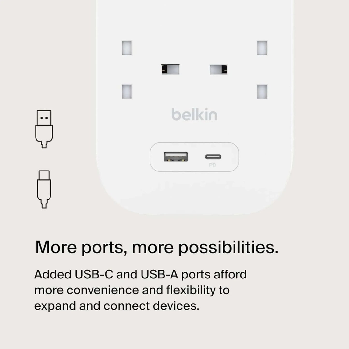 Belkin 8-Outlet Surge Protector, 18W USB-A & USB-C Ports, 2m cord, reliable power strip, safe charging, from xStore in Qatar