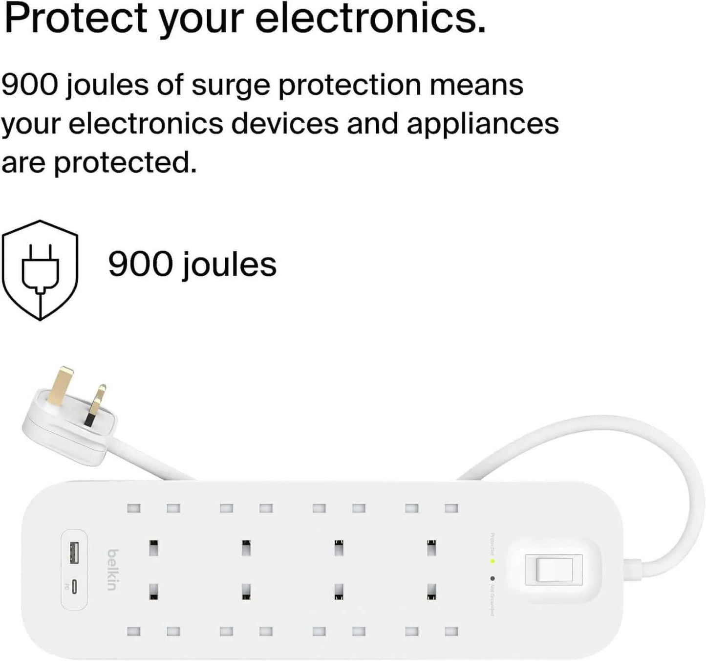 ‫محول حماية من التيار، بيلكن ، مع ٨ منافذ ومنفذي USB-A وUSB-C ١٨ واط، كابل ٢ متر،  لشحن آمن، متوفر لدى اكس ستور في قطر‬
