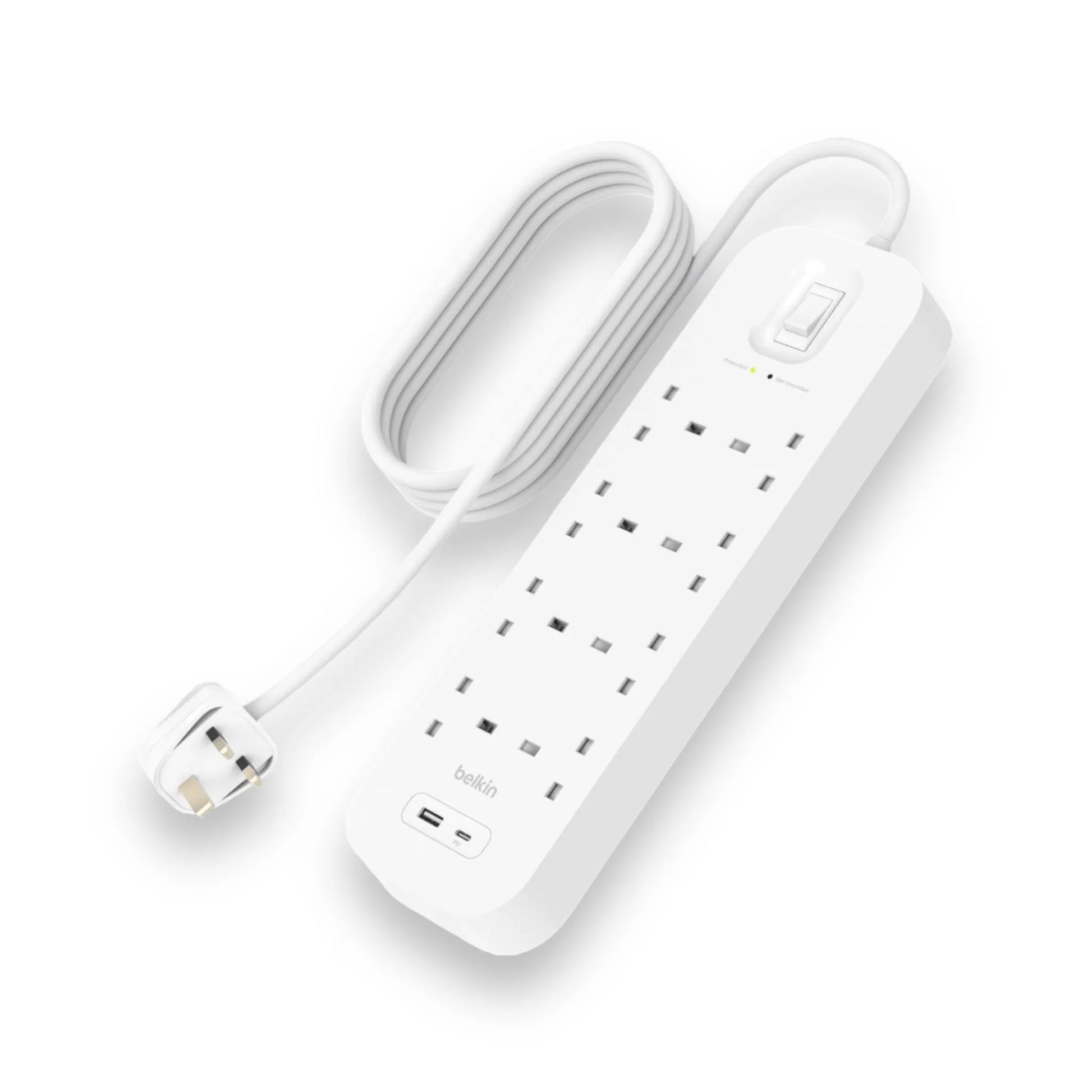 Belkin 8-Outlet Surge Protector, 18W USB-A & USB-C Ports, 2m cord, reliable power strip, safe charging, from xStore in Qatar